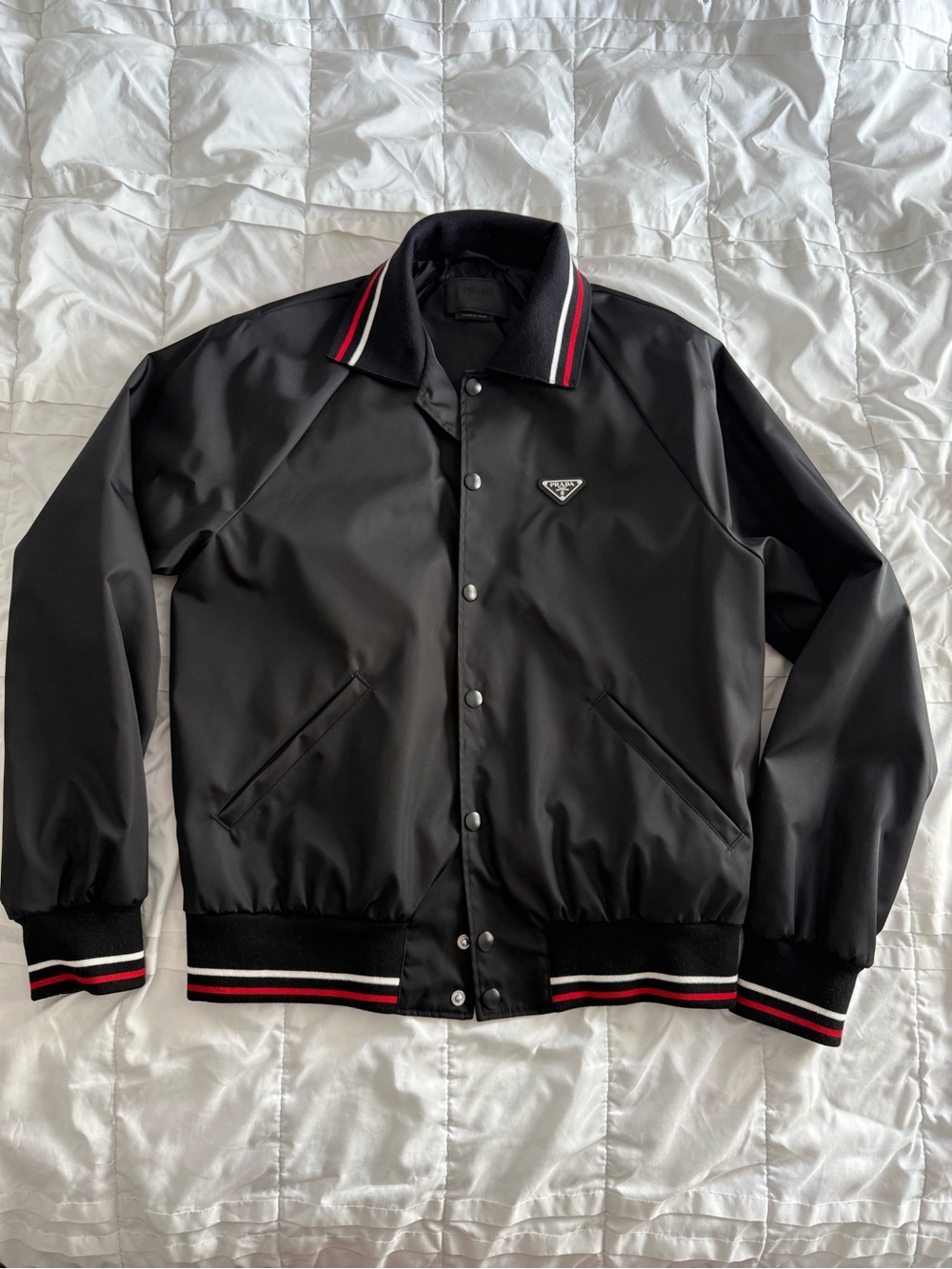 Prada Black Nylon Bomber Jacket with Red & White Trim